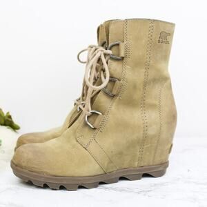 Sorel Joan of Arctic Brown Tan Nubuck Leather Wedge Boot Lace Up Size 9 Women's
